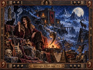 A brooding guitarist rests beside a fire in a surreal alpine fortress, surrounded by instruments, books, strange sculptures, and a watchful black cat. Deep blue snowfields and moonlit peaks contrast with warm amber flames. Rich painterly textures, ornate metalwork, and eccentric symbols create a mysterious, theatrical progressive-rock atmosphere.