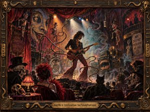 A surreal rock guitarist commands a decadent cabaret stage surrounded by crimson curtains, grotesque puppets, smoky amplifiers, and an eccentric audience. Warm amber spotlights cut through blue haze, emphasizing twisted cables and theatrical details. The richly textured, darkly humorous painting blends 1970s rock spectacle, carnival menace, and elaborate handcrafted ornament.