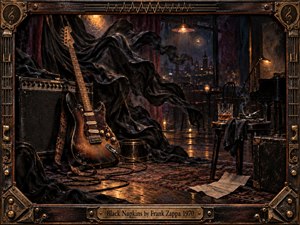 A weathered electric guitar rests beside a dark amplifier in a smoky midnight lounge, where black fabric billows like a spectral presence toward rain-streaked city windows. Warm amber lamps cut through deep browns, charcoal blacks, and muted reds, creating a brooding, improvisational mood within a richly detailed handcrafted scene.
