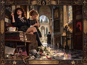 Two rebellious schoolgirls lounge inside a richly ornamented church corridor, surrounded by candles, stained glass, religious statues, books, lilies, and satirical graffiti. Warm gold light contrasts with shadowy wood and stone, creating a playful, irreverent mood. The detailed painterly realism blends sacred atmosphere with mischievous counterculture tension.