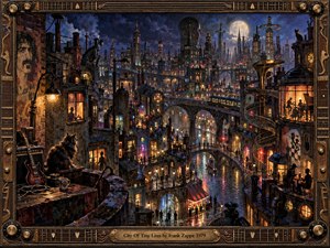 A surreal nocturnal metropolis glows beneath a deep blue sky, crowded with towers, bridges, canals, musicians, and strange mechanical forms. Warm amber windows and colorful reflections contrast with shadowed brick architecture. Intricate painterly textures, dramatic lighting, guitar details, and a handcrafted metallic frame create a theatrical, eccentric atmosphere.