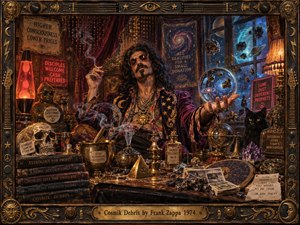 A flamboyant cosmic mystic lounges in a cluttered occult parlor filled with crystals, skulls, brass instruments, strange relics, and glowing celestial objects. Warm amber light contrasts with deep blues beyond the window. Ornate textures, theatrical shadows, surreal humor, and satirical details create a decadent, mysterious, handcrafted atmosphere.