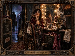 A weary woman sits backstage in a cluttered 1970s dressing room, surrounded by mirrors, bulbs, instruments, cases, bottles, and scattered notes. Warm amber light contrasts with cool stage shadows, creating a cynical, theatrical mood. Rich browns, burgundy fabric, worn metal, and smoky detail give the scene a gritty handcrafted realism.