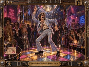 A flamboyant dancer commands a glittering late 1970s disco, surrounded by mirrored lights, polished chrome, stylish onlookers, and saturated pink, gold, blue, and violet reflections. Dramatic club lighting, exaggerated poses, and richly painted textures create a comic, awkward, theatrical mood framed by intricate musical hardware and vintage ornament.