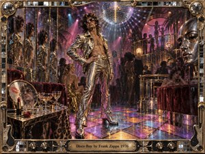 A flamboyant disco figure in a shimmering silver suit dominates a luxurious 1970s nightclub, surrounded by mirrored walls, velvet seating, dancers, and a glowing mirror ball. Pink, gold, and violet lights create a decadent, satirical mood, while ornate metallic framing and reflective surfaces heighten the theatrical, self-absorbed atmosphere.