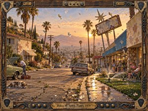A weathered California street descends toward hazy mountains beneath a warm golden sunset, framed by distressed wood, metal, guitar strings, and amplifier hardware. Cracked pavement, aging cars, peeling buildings, palm trees, drifting flakes, a mechanic, lounging figures, and sprinklers create a satirical, worn, strangely beautiful 1970s atmosphere.
