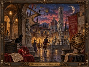 A surreal Renaissance piazza glows beneath a violet sunset, where musicians, statues, stairways, celestial instruments, and strange symbolic objects create playful disorder. Warm lantern light reflects across wet stone, balancing deep blues, bronze, crimson, and gold. Rich painterly textures and ornate framing evoke theatrical, eccentric, old-world musical fantasy.