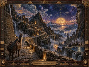 A dramatic stone road winds through towering Andean ruins above a cloud-filled valley beneath a cosmic twilight sky. Golden moonlight, waterfalls, carved faces, distant musicians, and a laden llama create a mysterious, exploratory mood. Rich bronze, indigo, and amber tones enhance the intricate painterly detail and ornate instrument-inspired frame.