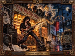 A wild guitarist dominates a rain-slicked nighttime street outside a glowing industrial bakery, surrounded by smoky muffin-shaped clouds, neon signs, battered amplifiers, and surreal urban details. Warm orange firelight contrasts with deep blues and black shadows, creating a rebellious, humorous, psychedelic 1970s rock atmosphere within an ornate musical frame.