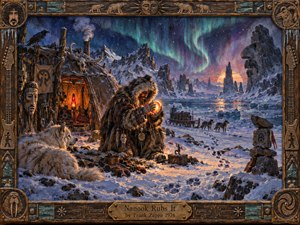 A fur-clad figure kneels in a frozen wilderness beneath sweeping green auroras, cradling a glowing orb beside a rustic shelter and watchful white wolf. Jagged mountains, sled dogs, carved totems, and icy reflections create a mysterious, surreal Arctic mood, framed by weathered wood, bronze fittings, and musical details.