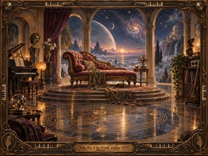 An ornate crimson sofa rests in a grand celestial salon framed by arches, piano, guitars, books, and sculptural details. Beyond the terrace, planets, stars, and glowing clouds create a dreamlike cosmic horizon. Warm amber lighting, polished marble reflections, rich fabrics, and intricate carved wood evoke surreal 1970s fantasy realism.