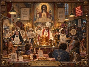 A surreal church hall becomes a chaotic pancake sanctuary, centered on a priestly cook pouring syrup over a towering stack while musicians, diners, and eccentric attendants crowd the scene. Warm amber lighting, stained glass, brass details, vintage wood, and painterly realism create a humorous, theatrical, rebellious 1970s atmosphere.