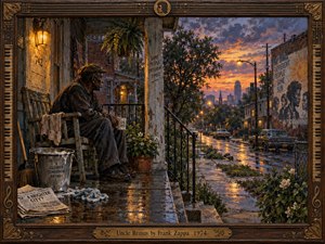 An older man sits on a weathered porch overlooking a rain slick city street at sunset, bathed in warm lamplight and amber reflections. Moody clouds, vintage cars, peeling murals, and glowing windows deepen the reflective mood. Rendered like a richly textured oil painting, the framed composition feels intimate, soulful, and timeless.