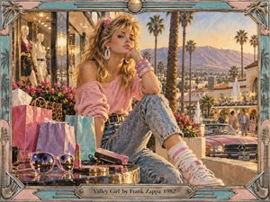 A stylish young woman lounges beside colorful shopping bags at a sunlit California mall, framed by palm trees, mountains, fountains, and polished cars. Warm golden light, pastel pinks and turquoise, glossy accessories, and textured painterly detail create an affluent, playful, satirical 1980s atmosphere with fashionable excess and detached confidence.