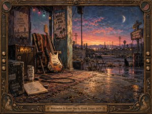 A weathered electric guitar rests beside a glowing amplifier in a deserted roadside shelter at dusk, facing a distant carnival and fading mountains. Warm orange reflections meet deep blue shadows, creating a lonely, reflective mood. Ornate wood and brass framing, cracked pavement, scattered objects, and painterly textures deepen the bittersweet atmosphere.