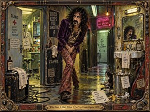 A distressed Frank Zappa figure strides through a grimy backstage restroom corridor, clutching himself with theatrical urgency. Neon signs, cracked mirrors, stained tiles, cables, bottles, and a watchful cat fill the cluttered scene. Moody yellow, green, and pink lighting heightens the satirical tension, while the ornate musical frame reinforces its handcrafted rock-opera feel.