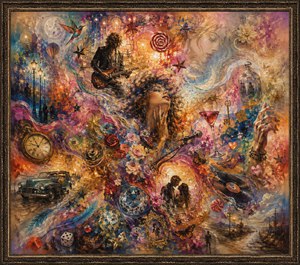 Kung Fu Hand Painting - A vibrant rock-and-roll dreamscape surrounds a radiant woman and shadowed guitarist. Roses, stars, candy swirls, clocks, records, butterflies, dice, a vintage car, and glowing glassware tumble through richly textured color. Soft feathered edges dissolve like distant memories, while an ornate bronze frame completes the emotional, nostalgic composition.