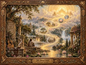 A solitary figure rests beside a lotus-filled pool as a glowing S-shaped path rises through misty mountains toward a radiant celestial temple. Warm gold, bronze, rose, and sage tones create a devotional, peaceful mood. Detailed painterly textures, floating memory spheres, carved stone, guitar motifs, and an ornate wooden frame enrich the handcrafted spiritual atmosphere.