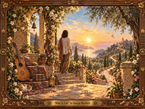 A solitary figure stands on a flower-covered Mediterranean terrace, gazing toward a radiant sunrise over winding hills and shimmering water. Warm gold, amber, olive, and soft blue tones create a hopeful, reflective mood. Rich painterly textures, carved wood framing, an acoustic guitar, sleeping cat, blossoms, and distant village add intimate handcrafted detail.