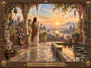 A solitary figure stands in quiet devotion on an ornate garden terrace overlooking a radiant sunrise, distant temples, mountains, and shimmering water. Warm gold, amber, and rose light fills the scene, reflecting across mosaic stone and lotus ponds. Intricate carved architecture, flowers, incense smoke, a guitar, and peacock create a serene, spiritual, handcrafted atmosphere.