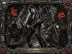 A brooding charcoal-style blues-rock scene centers on a leather-clad guitarist performing in a smoky juke joint, surrounded by a motorcycle, amplifiers, microphone, whiskey, skull imagery, and glowing red neon signs. Predominantly black, gray, chrome, and gold tones create a gritty nocturnal mood, framed by chains, metalwork, red lips, and ornate detailing.