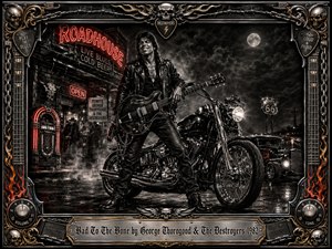 A swaggering leather-clad guitarist stands beside a gleaming motorcycle outside a smoky roadside roadhouse, radiating rebellious blues-rock confidence. Deep charcoal blacks and silvery chrome dominate, pierced by red neon and ember highlights. Ornate skulls, chains, flames, guitar hardware, and gold detailing frame the dramatic moonlit scene with gritty vintage poster intensity.