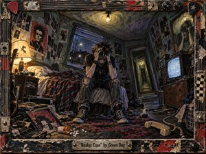 A distressed young punk sits hunched on a bed in a cluttered, decaying bedroom, surrounded by records, pills, posters, and static-filled televisions. Harsh yellow lamplight contrasts with cold blue night outside, creating anxious tension. Rough painterly textures, battered furnishings, and a guitar-hardware frame reinforce the raw 1990s punk atmosphere.