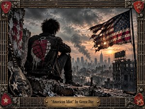 A lone punk figure sits on a crumbling rooftop overlooking a devastated city, framed by a torn American flag and battered electric guitar. Charcoal skies glow with fading amber sunlight, contrasting against blackened concrete and muted crimson accents. The distressed metal frame, strings, guitar picks, and engraved plaque create a gritty, rebellious handcrafted aesthetic.