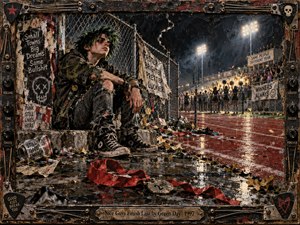 A weary punk figure sits beside a chain-link fence overlooking a rain-slicked stadium track, isolated from the cheering crowd beyond. Harsh floodlights cut through smoky darkness, reflecting across wet pavement and scattered debris. Distressed metal framing, guitar hardware, graffiti, torn posters, and a bronze title plate create a gritty 1990s punk aesthetic.