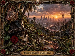 A skull in a battered top hat rests beside a weathered electric guitar amid dense jungle growth, overlooking a glowing, smog-shrouded city at sunset. Crimson roses, tangled vines, rusted metal, and ammunition frame the scene, creating a dangerous, decadent rock atmosphere. Dramatic golden light contrasts with deep shadows in a richly textured cinematic style.