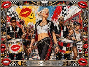 A confident blonde woman strides through a lively drumline parade, surrounded by dancers, percussionists, confetti, and bold pop graphics. Vibrant reds, yellows, black, white, chrome, and gold create an energetic, rebellious mood. Thick acrylic textures and bright lighting emphasize movement, while an ornate music-themed frame and engraved title plate complete the composition.