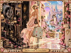 A glamorous woman in a flowing blush-pink dress steps from a dark, opulent interior toward a radiant pastel paradise. Gold, black, pink, and cream tones contrast dramatically, while warm sunlight floods the scene. Ornate hearts, flowers, reflective marble, vintage details, and whimsical architecture create a playful, luxurious escape.