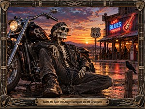 A weathered skeleton biker lounges beside a gleaming black motorcycle outside a rustic roadside blues bar at sunset. Fiery orange and violet skies reflect across wet pavement, while neon lights, chrome, worn leather, Route 66 imagery, and a perched raven create a gritty, rebellious, cinematic rock-and-roll atmosphere.