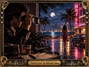 A neon-lit coastal street glistens after rain as a shadowed observer watches a woman in red walk toward the waterfront. Deep blues, magenta reflections, moonlight, palm silhouettes, and vintage cars create tense 1980s noir atmosphere. Rich painterly detail, binoculars, notes, sunglasses, and an ornate guitar-inspired frame reinforce secrecy and surveillance.