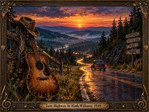 A rain-slick mountain highway winds toward a fiery sunset as a vintage car disappears into misty forested valleys. A weathered acoustic guitar, cowboy hat, rustic fence, and wooden direction signs evoke loneliness, wandering, and faded hope. Warm amber reflections contrast with deep blue shadows inside an ornate musical frame.