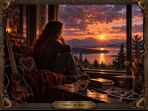 A solitary woman sits curled in a cozy window nook, gazing over a glowing lake and distant mountains at sunset. Warm amber light, deep crimson textiles, and rain-darkened shadows create a longing, intimate mood. Richly detailed in a painterly mixed-media style, the scene features a guitar, keepsakes, and an ornate framed plaque.