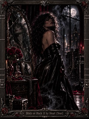 A dark-haired woman in glossy black satin turns through drifting smoke, reflected in a cracked antique mirror. Crimson roses, a guitar, and a watchful black cat fill the gothic room beneath a moonlit city skyline. Cinematic digital painting layers charcoal shadows, silver highlights, and an ornate metallic frame.