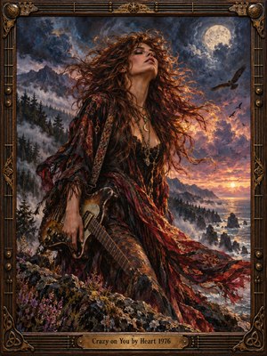 A windswept woman with flowing auburn hair holds a weathered electric guitar atop rugged coastal cliffs. Storm clouds, soaring birds, and a luminous moon frame the fiery sunset. Rich oil brushwork blends amber, crimson, violet, and midnight blue, creating passionate intensity. Ornate bronze guitar motifs surround the dramatic composition.