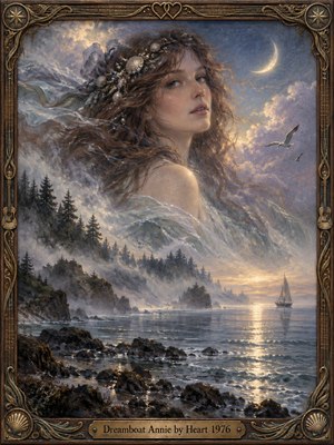 An ethereal auburn-haired woman emerges from mist above a tranquil inlet, her flowing veil dissolving into clouds. Pine-covered cliffs border shimmering blue-gray water as a distant sailboat drifts beneath a crescent moon. Golden twilight illuminates the dreamy oil painting, framed in ornate carved wood and aged brass.