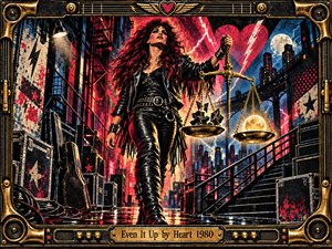 A defiant leather-clad rocker strides through a rain-slick industrial city, raising golden scales holding shattered fragments and glowing light. Crimson lightning, midnight blues, and fiery reflections energize the dramatic scene. Rich screenprint textures and an ornate brass amplifier-inspired frame surround the powerful composition, symbolizing strength, confrontation, and restored balance.