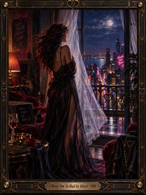 A windswept woman in a flowing dark gown gazes from a shadowed apartment toward a moonlit neon city. Crimson lamplight warms velvet furnishings, vinyl records, and a guitar, while blue and violet reflections shimmer beyond billowing curtains. Expressive oil brushwork conveys restless longing, enclosed by ornate bronze heart-and-string filigree.