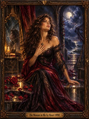 A contemplative woman in flowing burgundy and black lace sits beside a cracked mirror and candlelit roses, gazing toward a moonlit sea beyond stone arches. Rich oil brushwork blends warm gold with stormy blues and purples, while an ornate bronze frame and guitar suggest passion, strength, and longing.