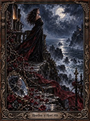 A windswept woman in a flowing black gown overlooks a moonlit, storm-lashed sea from a ruined stone terrace. Crimson roses, scattered petals, and a shattered mirror suggest wounded devotion. Deep indigo skies, silver surf, and dramatic oil-painted textures create a gothic atmosphere within an ornate, guitar-inspired metal frame.