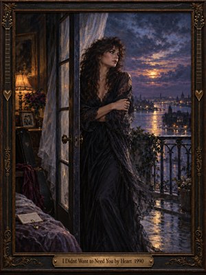 A wistful woman in flowing black lace stands beside an open balcony door, overlooking a moonlit riverside city. Warm amber lamplight contrasts with violet clouds and shimmering blue water. Romantic oil painting textures convey longing and vulnerability, while fluttering curtains, personal keepsakes, and an ornate bronze guitar-inspired frame deepen the atmosphere.