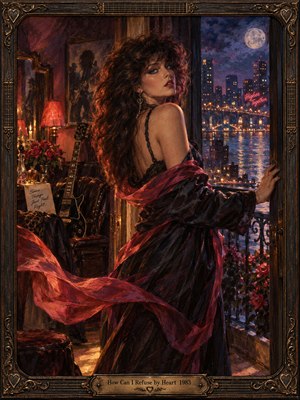 A windswept woman glances back from a moonlit balcony, her crimson scarf swirling through a shadowy room beside roses and a black guitar. Golden city lights shimmer across distant water. Expressive oil brushwork, violet skies, warm lamplight, and an ornate bronze frame evoke romantic longing, temptation, and uncertainty.