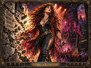 A fearless rock singer strides through shattered walls and broken chains, microphone in hand, beneath blazing stage lights. Fiery oranges, crimson, and electric purples illuminate swirling hair, amplifiers, and cheering crowds. Rich painterly textures capture rebellious 1970s energy, enclosed within an ornate bronze frame featuring musical hardware and engraved lettering.