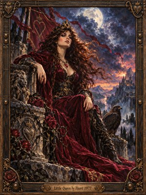 A crowned woman in flowing crimson velvet commands a weathered stone terrace above a misty valley. Moonlight pierces storm clouds over a distant castle, illuminating windblown hair, roses, a stone lion, and a watchful eagle. Rich oil painting textures, antique gold accents, and an ornate musical frame create defiant, romantic grandeur.