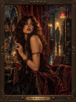 A dark-haired woman in burgundy velvet glances toward a shadowy man beyond a smoky, lamplit corridor. Fractured mirror reflections, ornate jewelry, and crimson drapery deepen the seductive mystery. Amber light cuts through teal shadows in a richly textured oil painting, surrounded by an intricate guitar-inspired bronze frame and engraved title plate.