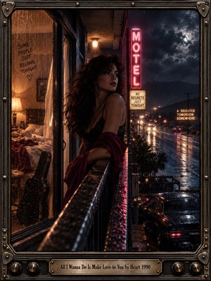 A contemplative woman in a crimson shawl leans against a rain-soaked motel balcony, overlooking a moonlit highway. Warm amber room lights contrast with cold blue storm clouds and pink neon reflections. Cinematic photographic realism captures longing, mystery, and fleeting passion, enclosed within an ornate metallic frame with an engraved title plate.
