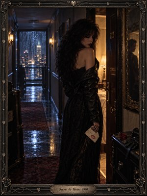 A mysterious woman in black lace and leather stands outside a warmly lit hotel room, holding a lipstick-marked note. Rain-streaked windows, blue city lights, and glossy corridor reflections create romantic tension. Cinematic photography captures shadowy intimacy, while an ornate metallic frame with guitar motifs surrounds the haunting, secretive scene.